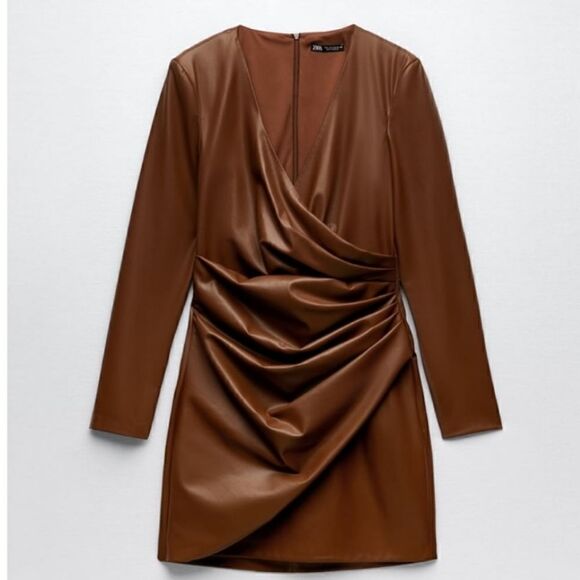 ZARA BLOGGERS FAV! FAUX LEATHER MINI DRESS BROWN NWT XS & S - Picture 14 of 15